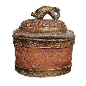 Vintage Copper Covered Lead Trinket Box Antique Heavy Fish Handle Lid Primitive